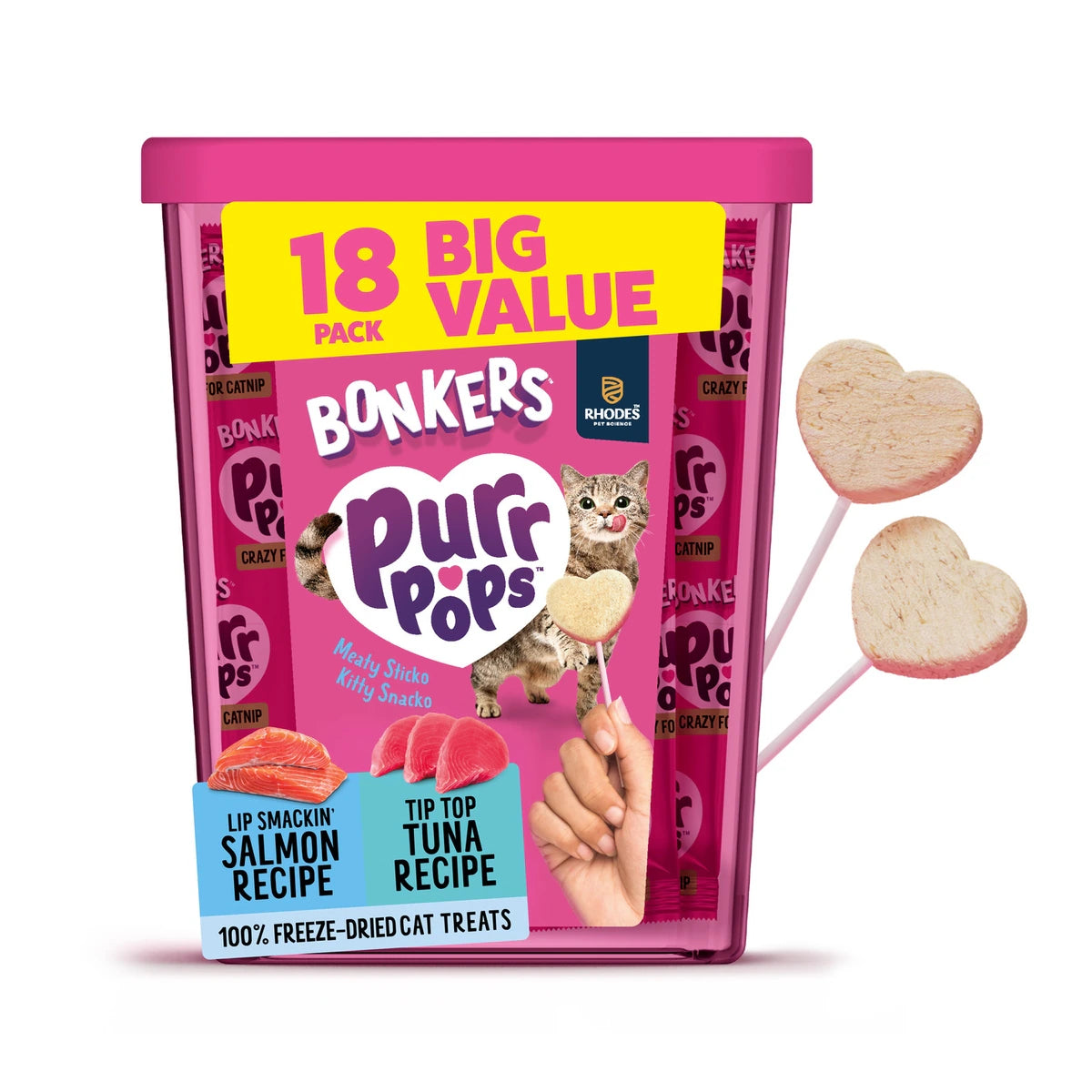 BONKERS Purrpops Tuna & Salmon Flavored Freeze-Dried Cat Treats, 18 count