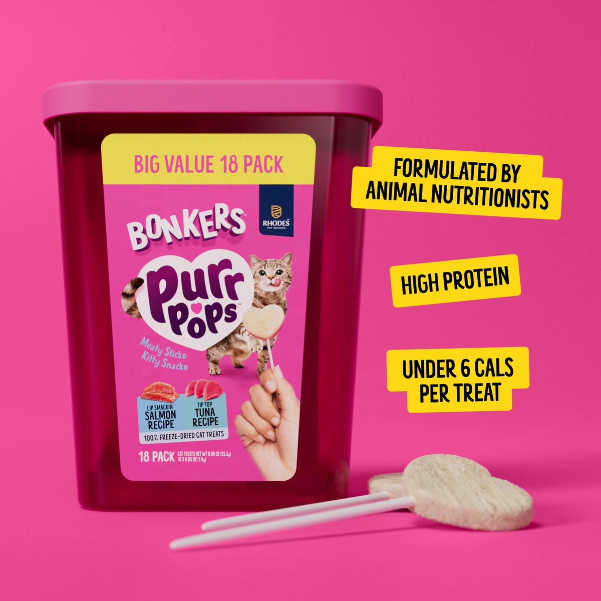 BONKERS Purrpops Tuna & Salmon Flavored Freeze-Dried Cat Treats, 18 count