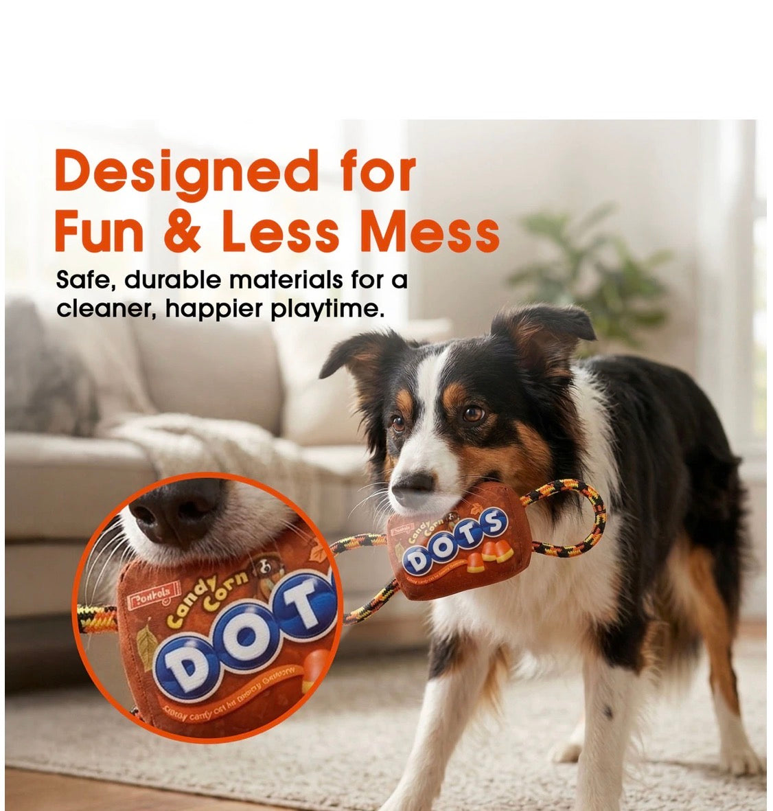 Tootsie Roll Halloween DOTS Candy Rope Squeaky Dog Plush Toy